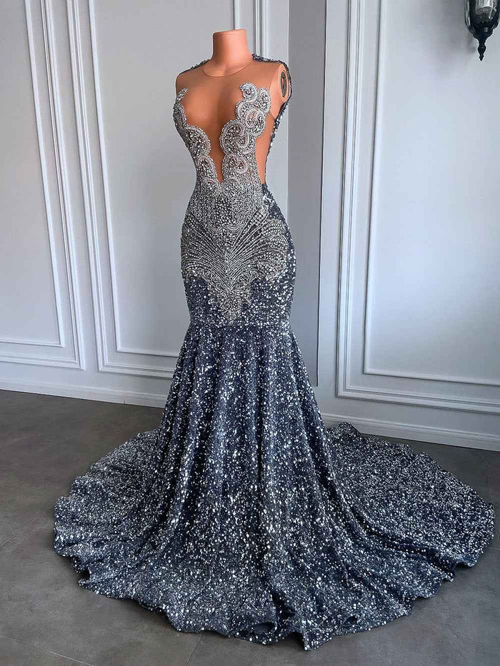 Silver Crystals Mermaid Prom Dress for Stunning Elegance
