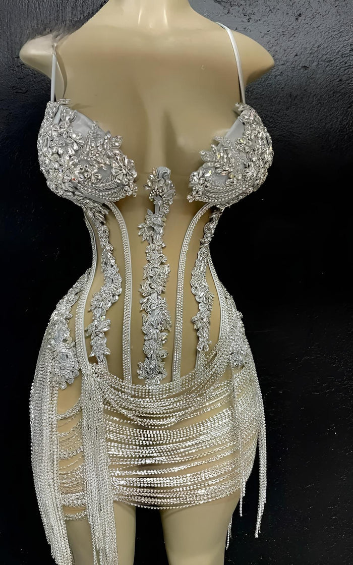 Silver Rhinestone Tassel Halter Cocktail Birthday Dress - Envious Designs