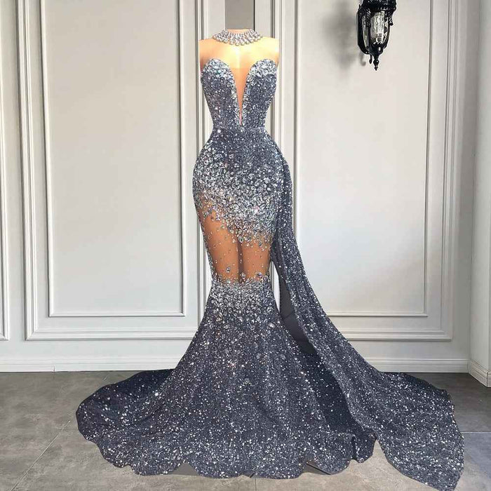 Silver Sequin Mermaid Prom Dress with Sparkly Sequin Diamonds
