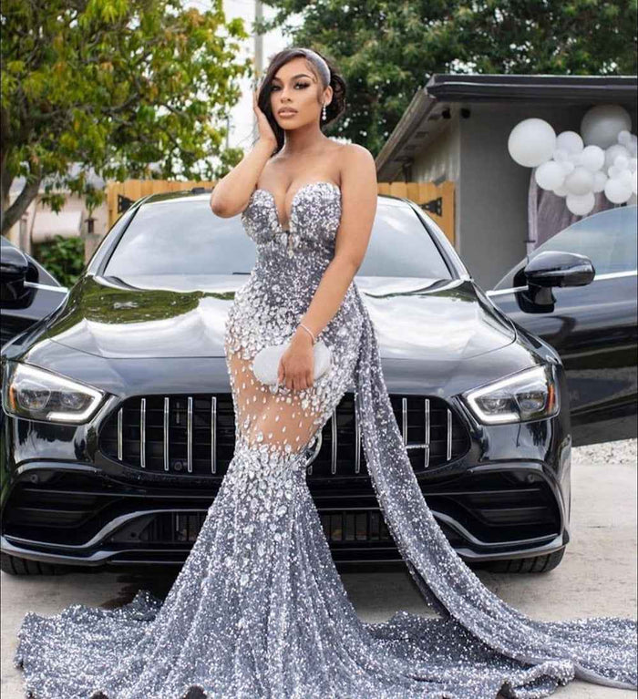 Silver Sequin Mermaid Prom Dress with Sparkly Sequin Diamonds