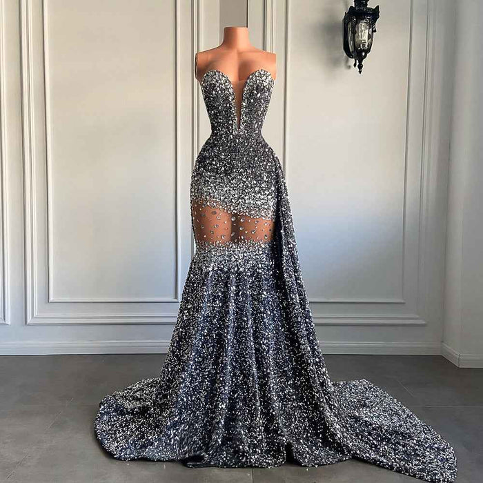 Silver Sequin Mermaid Prom Dress with Sparkly Sequin Diamonds