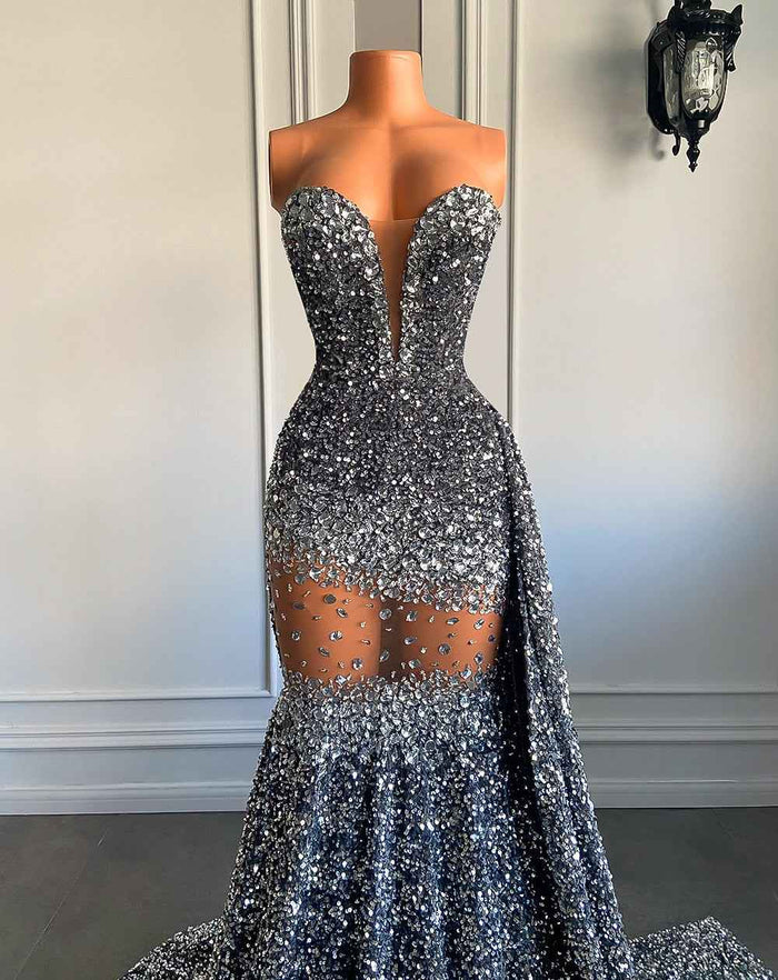 Silver Sequin Mermaid Prom Dress with Sparkly Sequin Diamonds