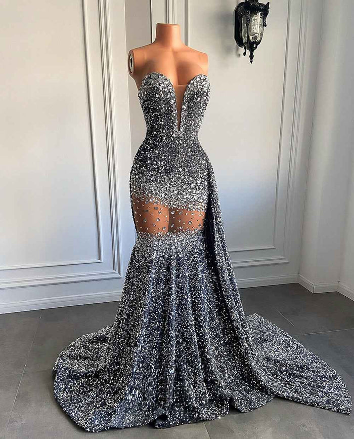 Silver Sequin Mermaid Prom Dress with Sparkly Sequin Diamonds