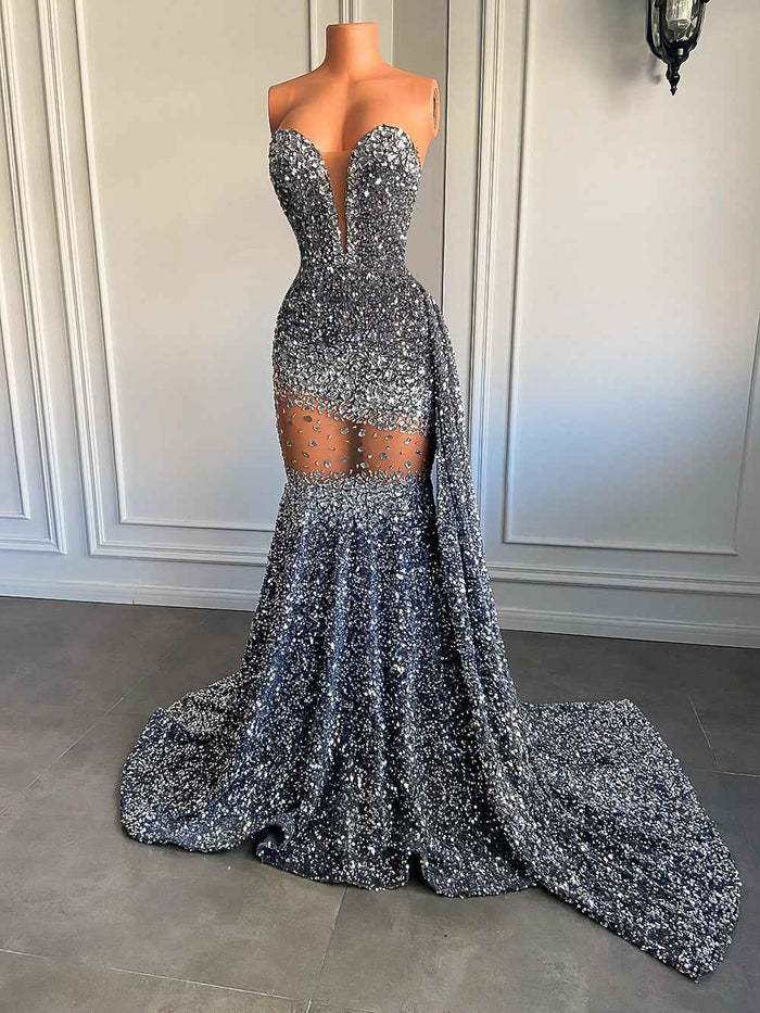 Silver Sequin Mermaid Prom Dress with Sparkly Sequin Diamonds