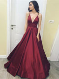 Simple A Line V Neck Maroon Prom Dress, Maroon Graduation Dress, V Neck Formal Dress
