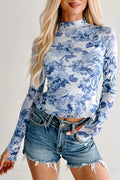 Sky Blue Floral Print Long Sleeve Stand Neck Mesh Top – Light Blue