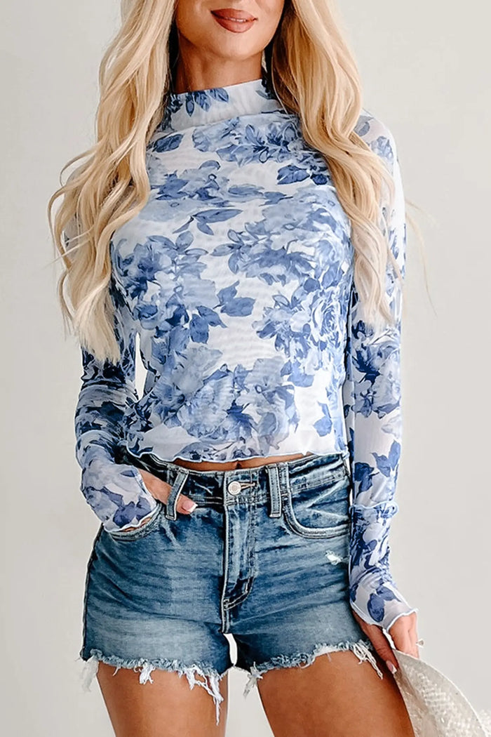 Sky Blue Floral Print Long Sleeve Stand Neck Mesh Top – Light Blue