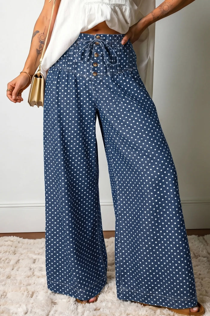 Sky Blue Polka Dot Print Button Pleated Detail Wide Leg Jeans – Light Blue