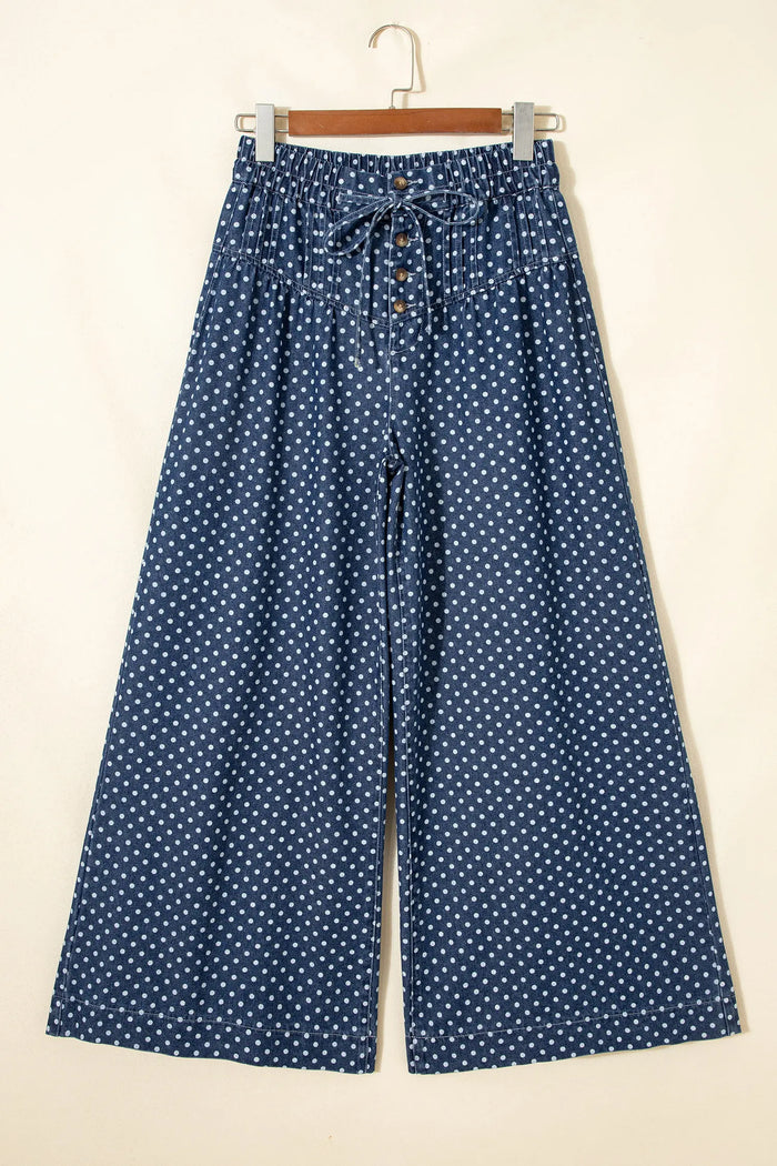 Sky Blue Polka Dot Print Button Pleated Detail Wide Leg Jeans – Light Blue
