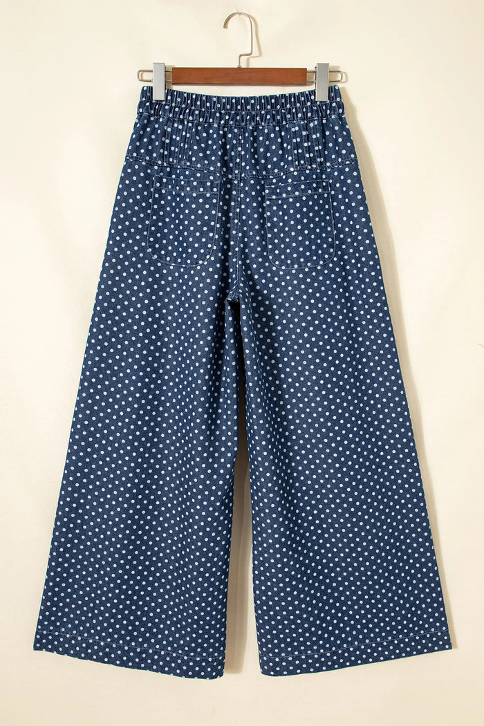 Sky Blue Polka Dot Print Button Pleated Detail Wide Leg Jeans – Light Blue