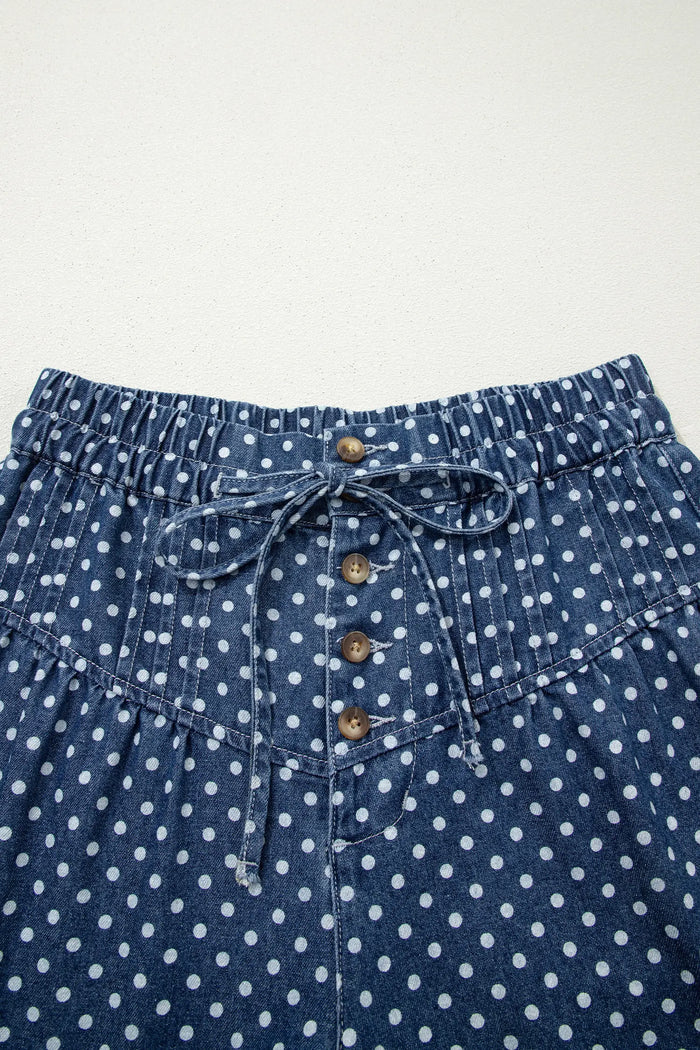 Sky Blue Polka Dot Print Button Pleated Detail Wide Leg Jeans – Light Blue