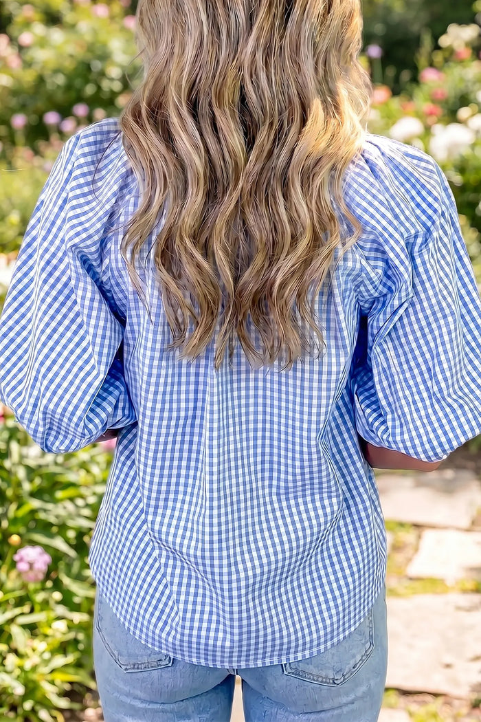 Sky Blue Summer Plaid V Neck Puff Sleeve Blouse – Light Blue