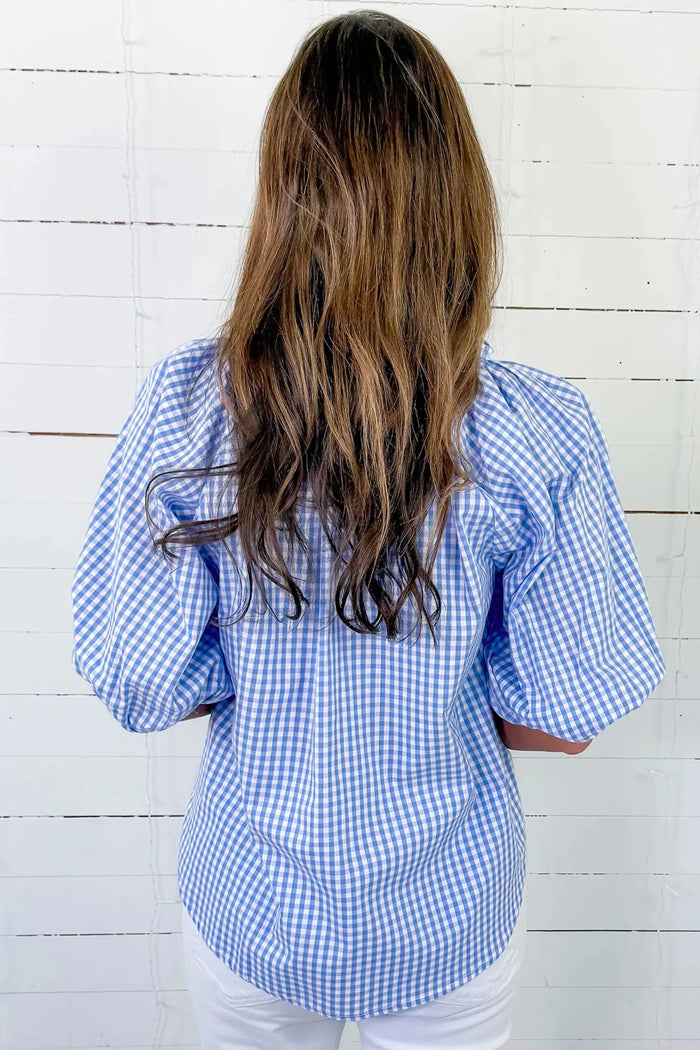 Sky Blue Summer Plaid V Neck Puff Sleeve Blouse – Light Blue