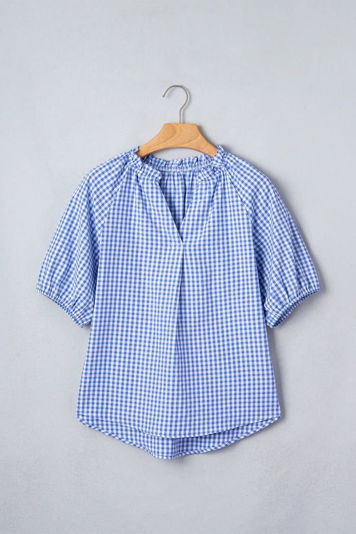 Sky Blue Summer Plaid V Neck Puff Sleeve Blouse – Light Blue
