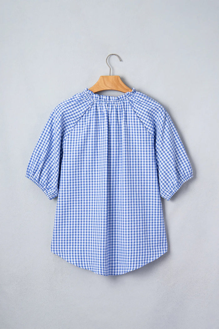 Sky Blue Summer Plaid V Neck Puff Sleeve Blouse – Light Blue