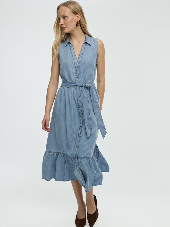 Sleeveless Buttoned-Down Denim Midi Dress
