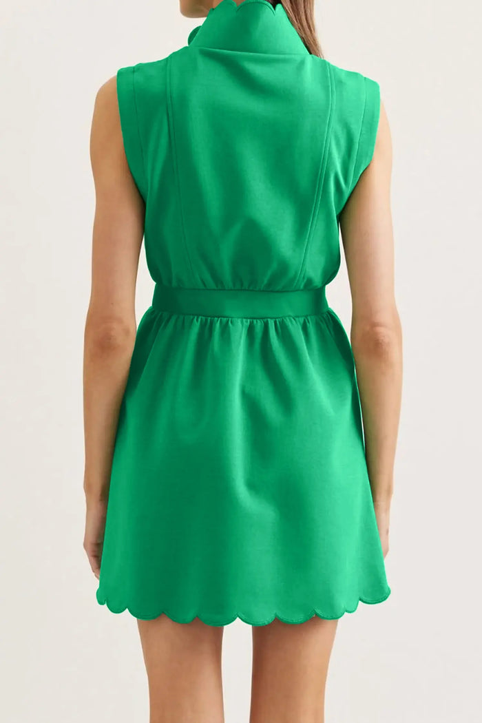 Sleeveless Zip Front Scallop Hem Mini Dress – Bright Green