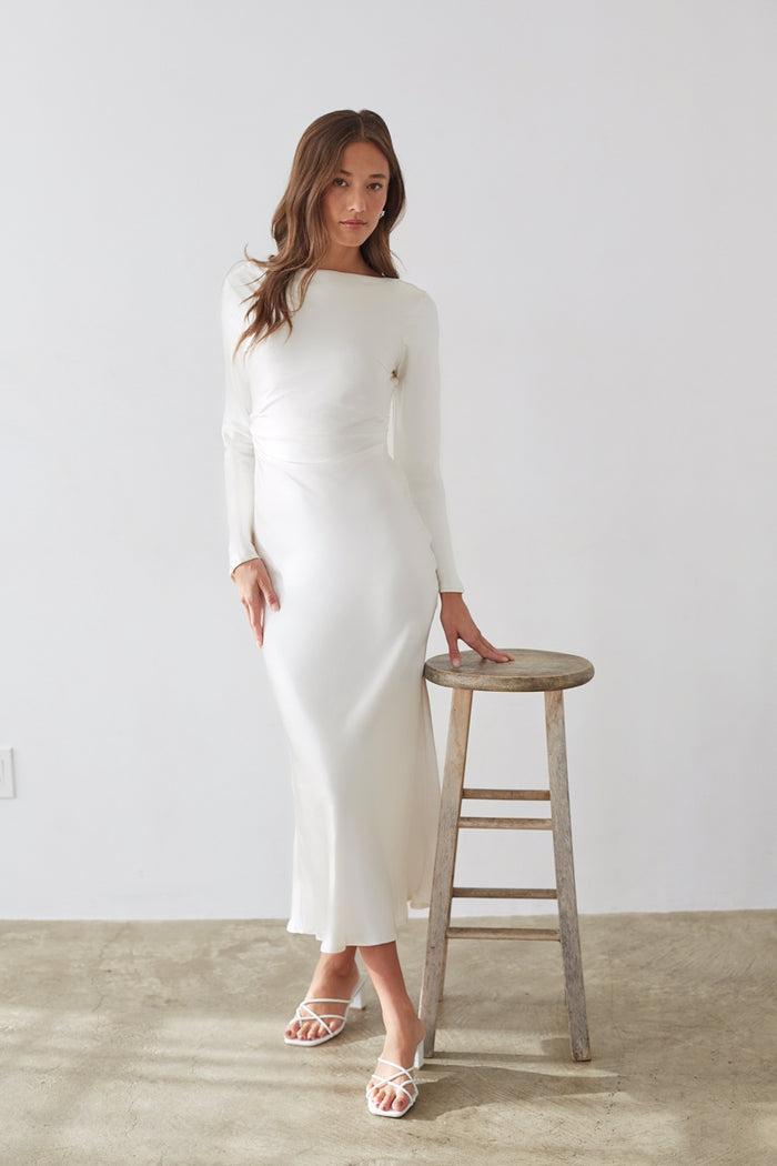 white-image | front-image | white satin tie cowl back long sleeve maxi dress | bridal | satin dress | maxi dress | rehersal dinner dress | white maxi dress | satin maxi dress | satin white dress |