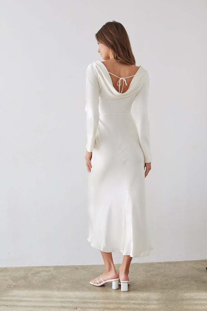 back-image | cowl back dress | tie back dress | satin white maxi dress | satin tie back midi dress | maxi dress boutique | maxi dress for parties | vacation wedding | vacation maxi dress |