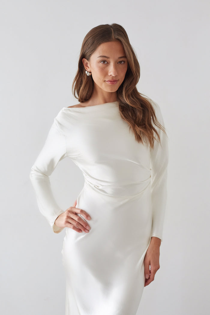 detail-image | cowl back dress | wedding anniversary white cowl back maxi dress | white wedding anniversary midi dress | wedding anniversary party dress | satin anniversary dress | maxi dress for any occasion | honeymoon dress | honeymoon maxi dress