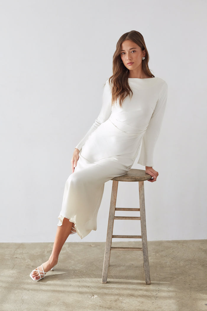 sitting-image | white work party dress | winter wonderland white dress | birthday dress | white midi birthday dress | polished white dress | chic white maxi dress | long sleeve white maxi dress | long sleeve white midi dress