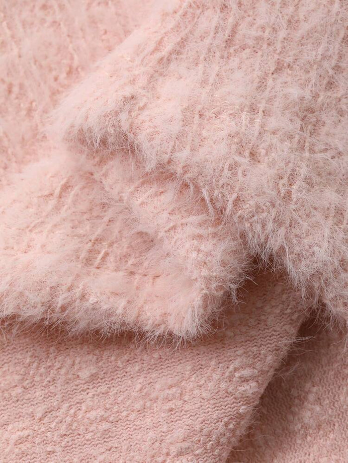 Soft Pink Fuzzy Lace Knit Top – High Neck Long Sleeve Slim Fit Sweater – Feminine Chic Style