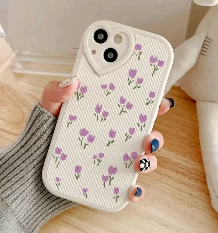 Soft White Floral Phone Case with Heart-Shaped Camera Cutout â€“ Violet Flower Pri