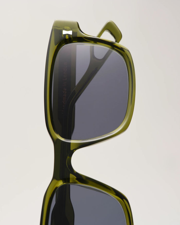Close-up detail of Solaris Sunglasses khaki acetate frame, handmade in London