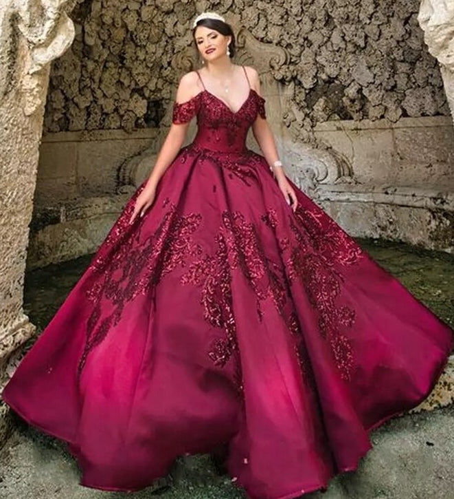 Spaghetti Straps Off Shoulder Princess Burgundy Quinceanera Dress - Envious Designs