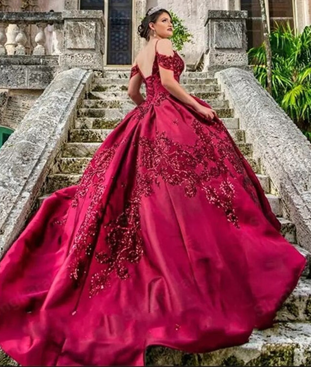 Spaghetti Straps Off Shoulder Princess Burgundy Quinceanera Dress - Envious Designs