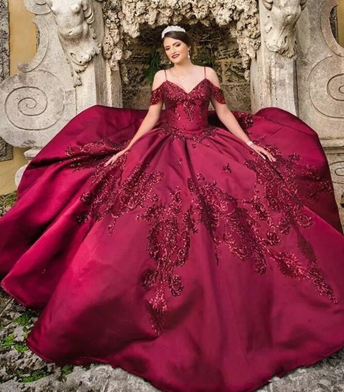 Spaghetti Straps Off Shoulder Princess Burgundy Quinceanera Dress - Envious Designs
