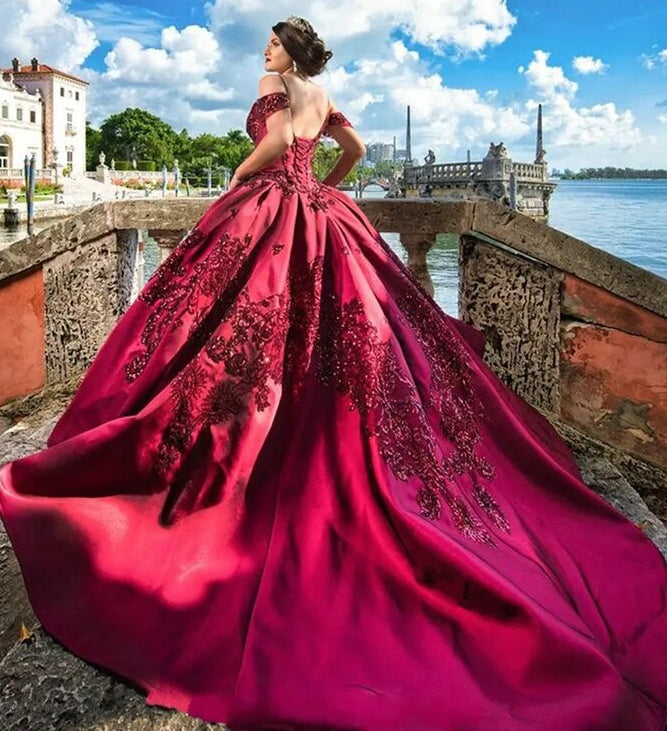 Spaghetti Straps Off Shoulder Princess Burgundy Quinceanera Dress - Envious Designs