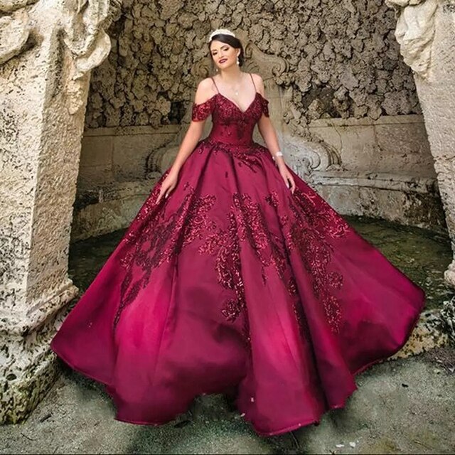 Spaghetti Straps Off Shoulder Princess Burgundy Quinceanera Dress - Envious Designs