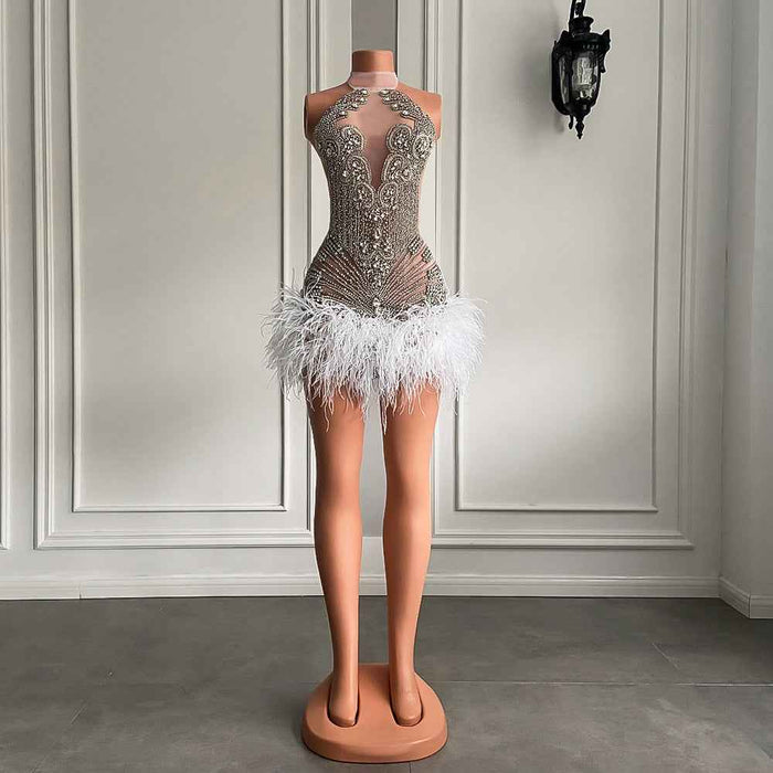 Sparkly Crystal White Feather Mini  Birthday Dress