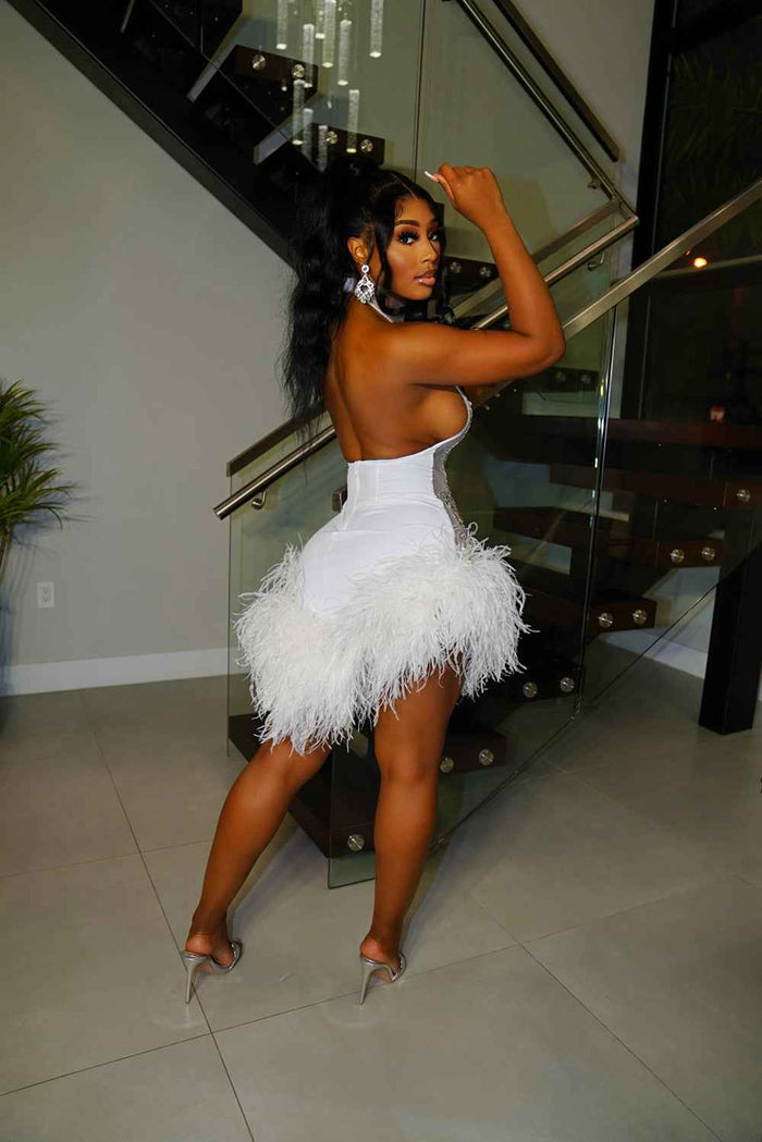 Sparkly Crystal White Feather Mini  Birthday Dress