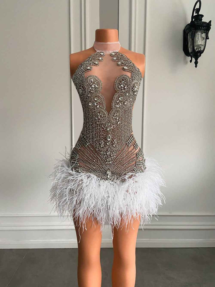 Sparkly Crystal White Feather Mini  Birthday Dress
