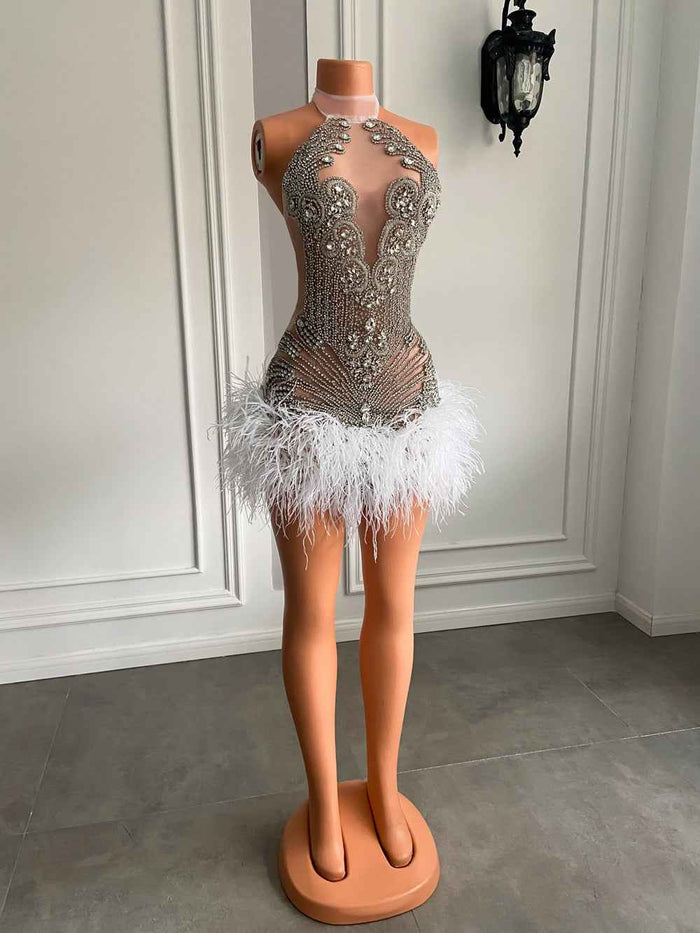 Sparkly Crystal White Feather Mini  Birthday Dress