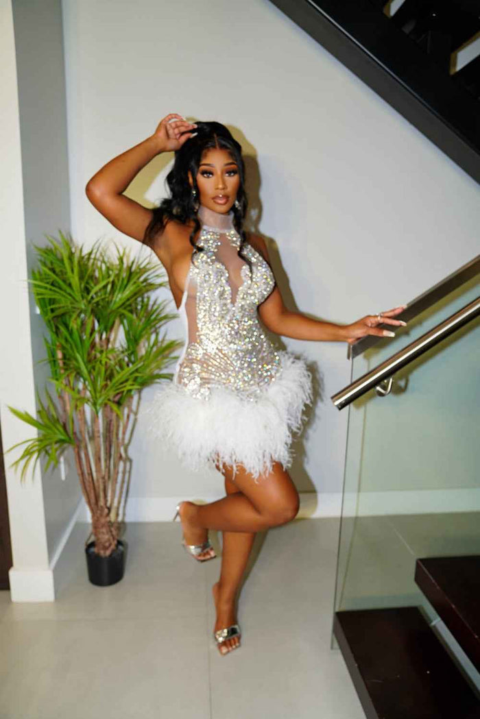 Sparkly Crystal White Feather Mini  Birthday Dress