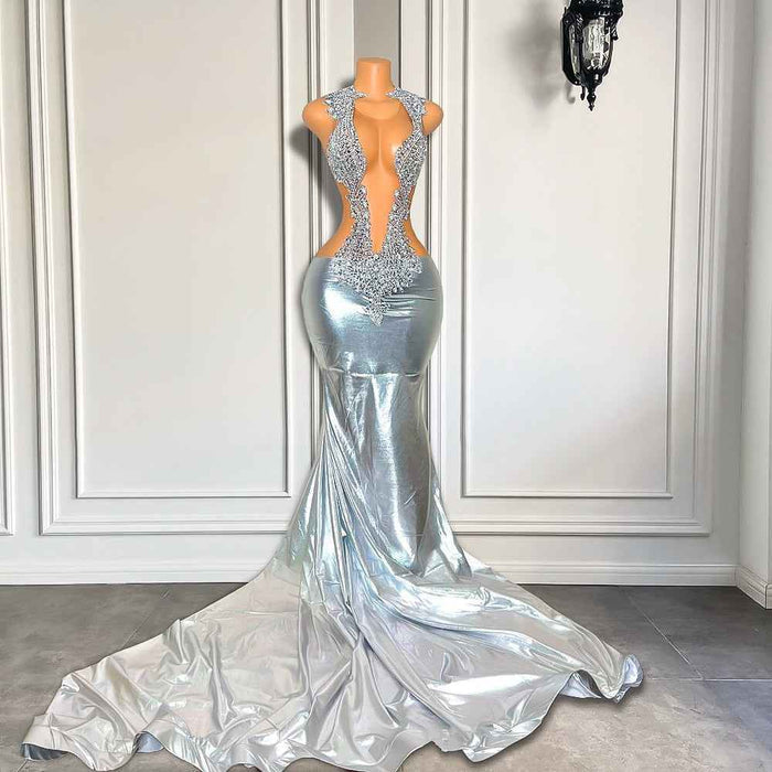 Sparkly Long Sexy Mermaid Style Sheer Mesh Luxury Beaded Silver Leather Prom Dress