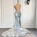 Sparkly Long Sexy Mermaid Style Sheer Mesh Luxury Beaded Silver Leather Prom Dress