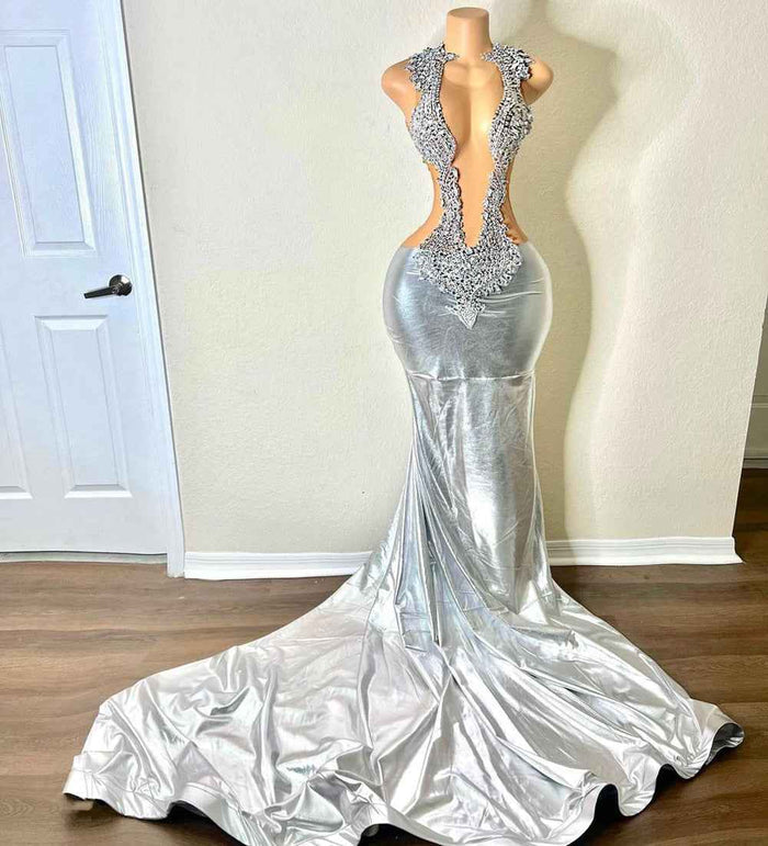 Sparkly Long Sexy Mermaid Style Sheer Mesh Luxury Beaded Silver Leather Prom Dress