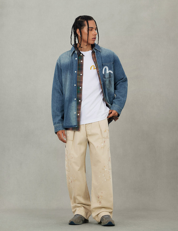 Splash Ink Seagull Print Regular Fit Denim Shirt