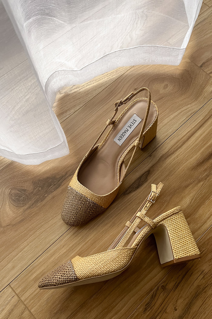 trendy natural block heel shoes with cap toe details - slingback block heel pumps - steve madden becka heels