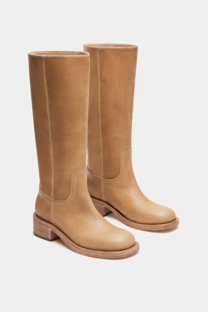 leather-image | front-image | tan leather boots | front view of the tan leather boots showcasing the smooth texture and sturdy sole, perfect for pairing with casual or dressy outfits.