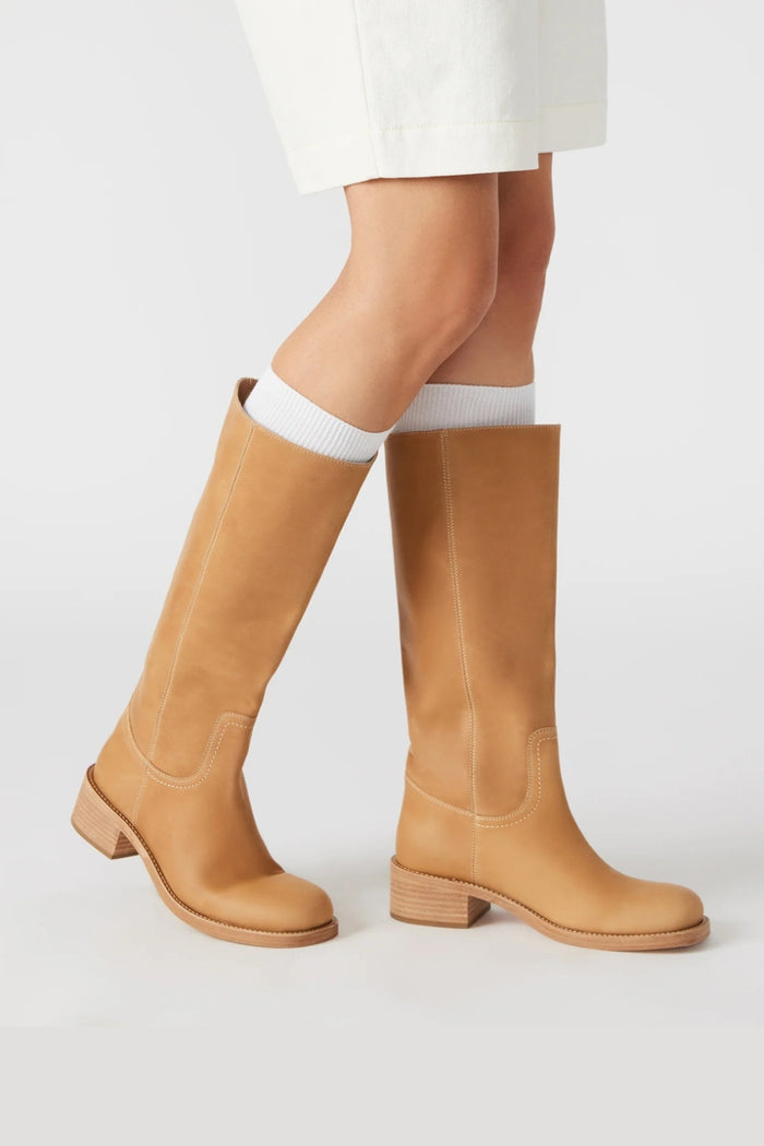 side-image | tan leather boots | timeless and versatile | side profile showing the height of the boots, with the soft leather and rounded toe for a flattering and comfortable fit.