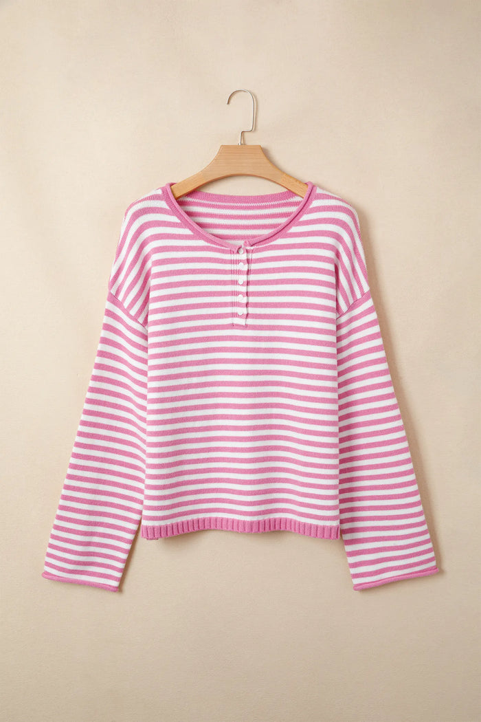 Striped Button Placket Drop Shoulder Long Sleeve Sweater – Pink Stripe