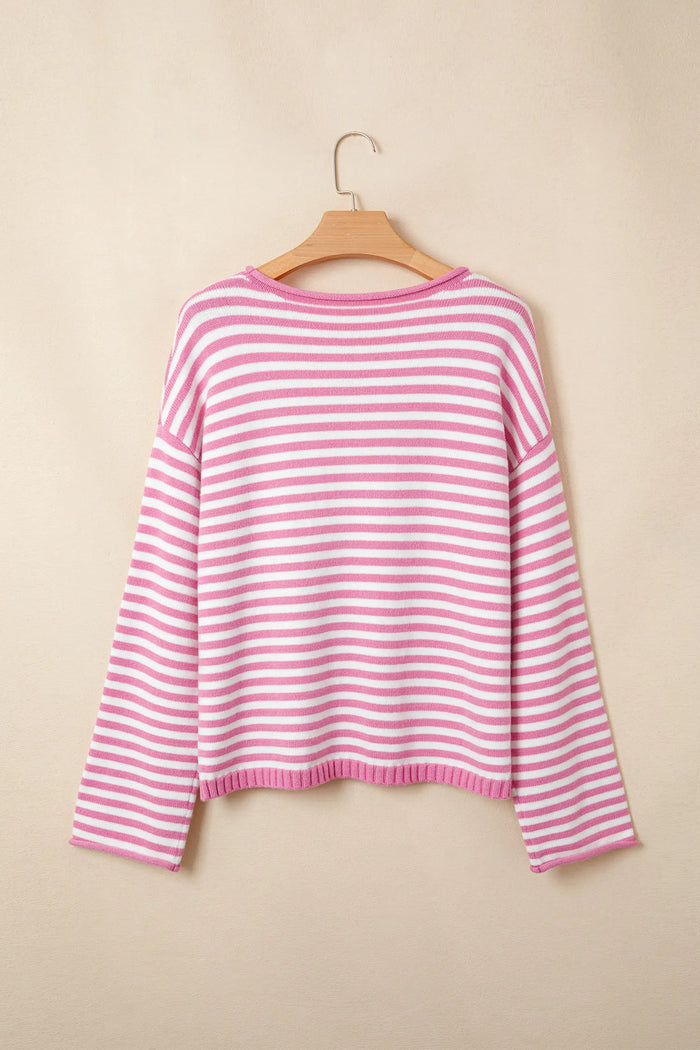 Striped Button Placket Drop Shoulder Long Sleeve Sweater – Pink Stripe