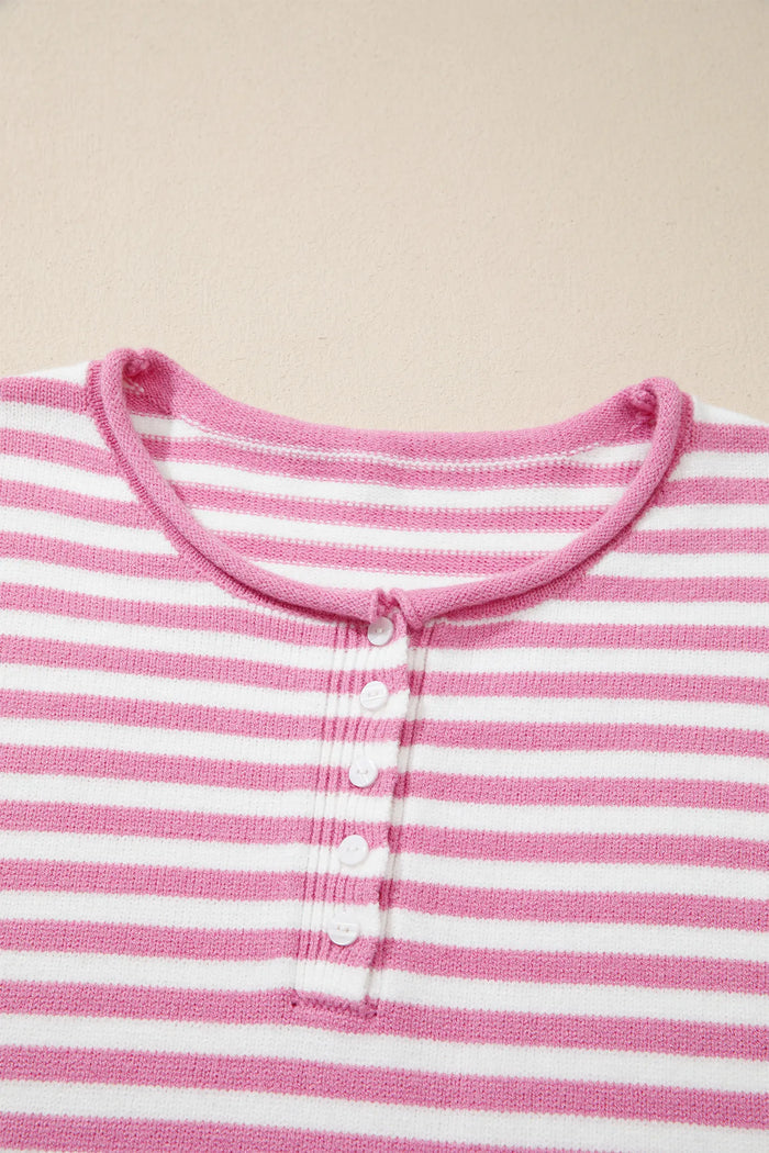 Striped Button Placket Drop Shoulder Long Sleeve Sweater – Pink Stripe
