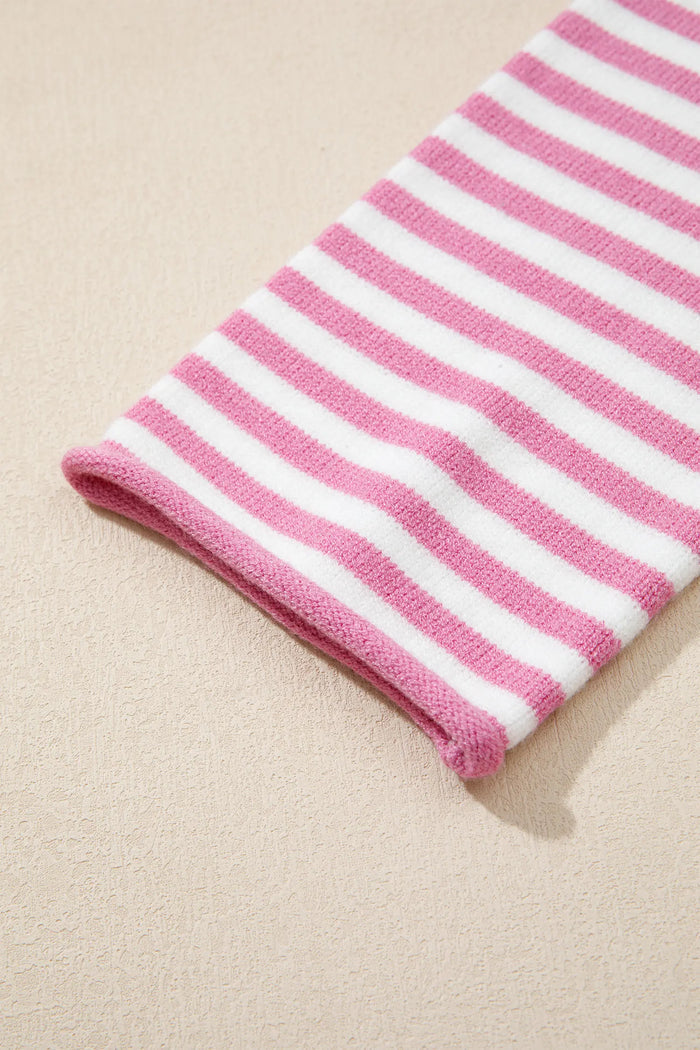 Striped Button Placket Drop Shoulder Long Sleeve Sweater – Pink Stripe