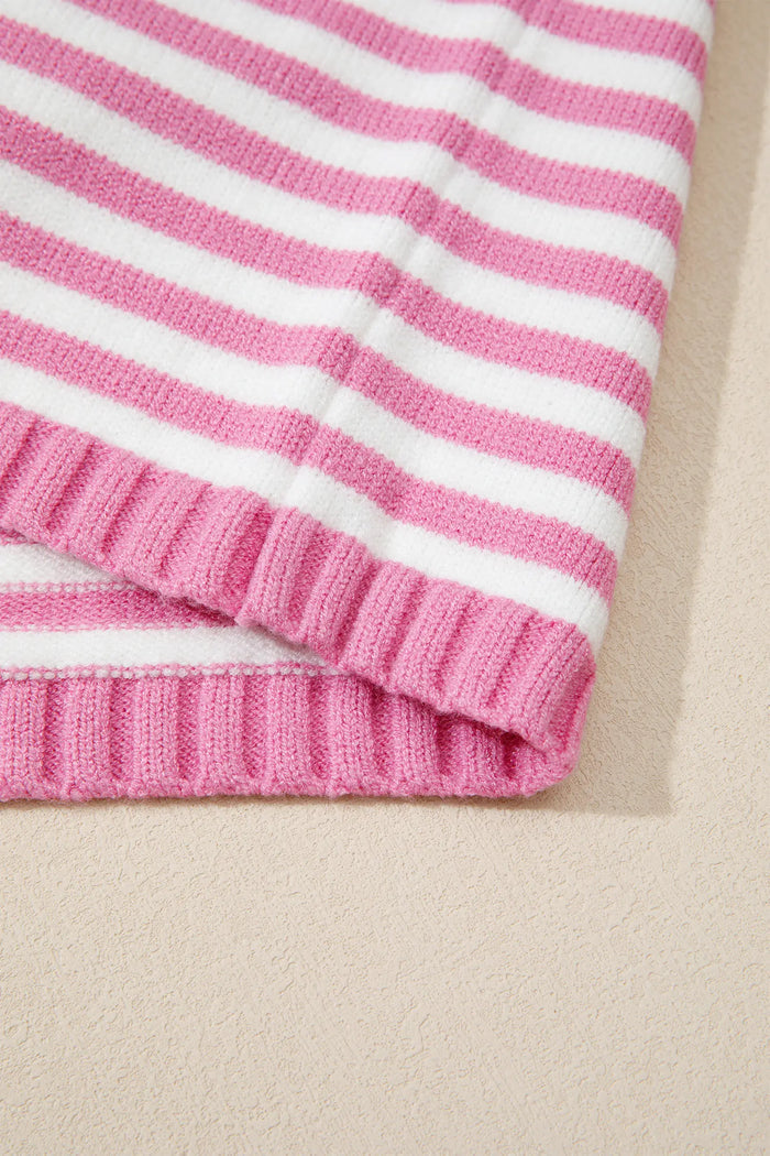 Striped Button Placket Drop Shoulder Long Sleeve Sweater – Pink Stripe